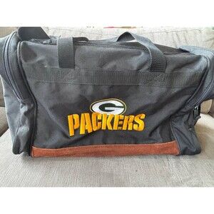 Vintage Green Bay Packers Duffel Gym Bag Black Canvas Brown Suede Bottom NFL